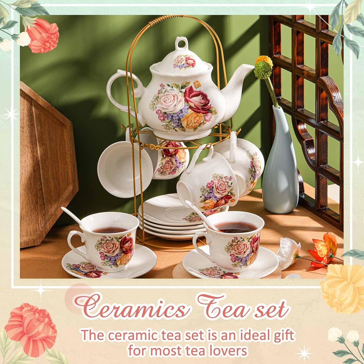 Zhehao 20 Pcs Porcelain Tea Set with Metal Holder and Spoon Adult Ceramic Tea Party Set European Flower Painting Teapot Cup Saucer Spoon for Women, Large Version (Styleish Style)