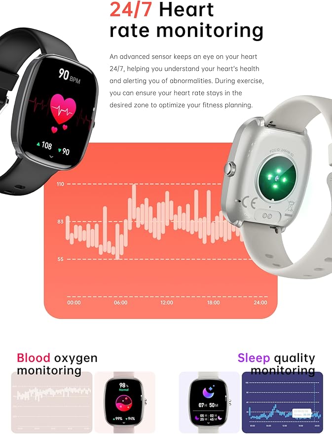 Smart Watch for Men, Women Fitness Tracker Answer/Make Calls, 1.83’ IP68 Waterproof/Heart Rate Sleep Monitor/Blood Oxygen Measurement/100+ Sports Modes Compatible with Android iOS 3 Straps(Black）