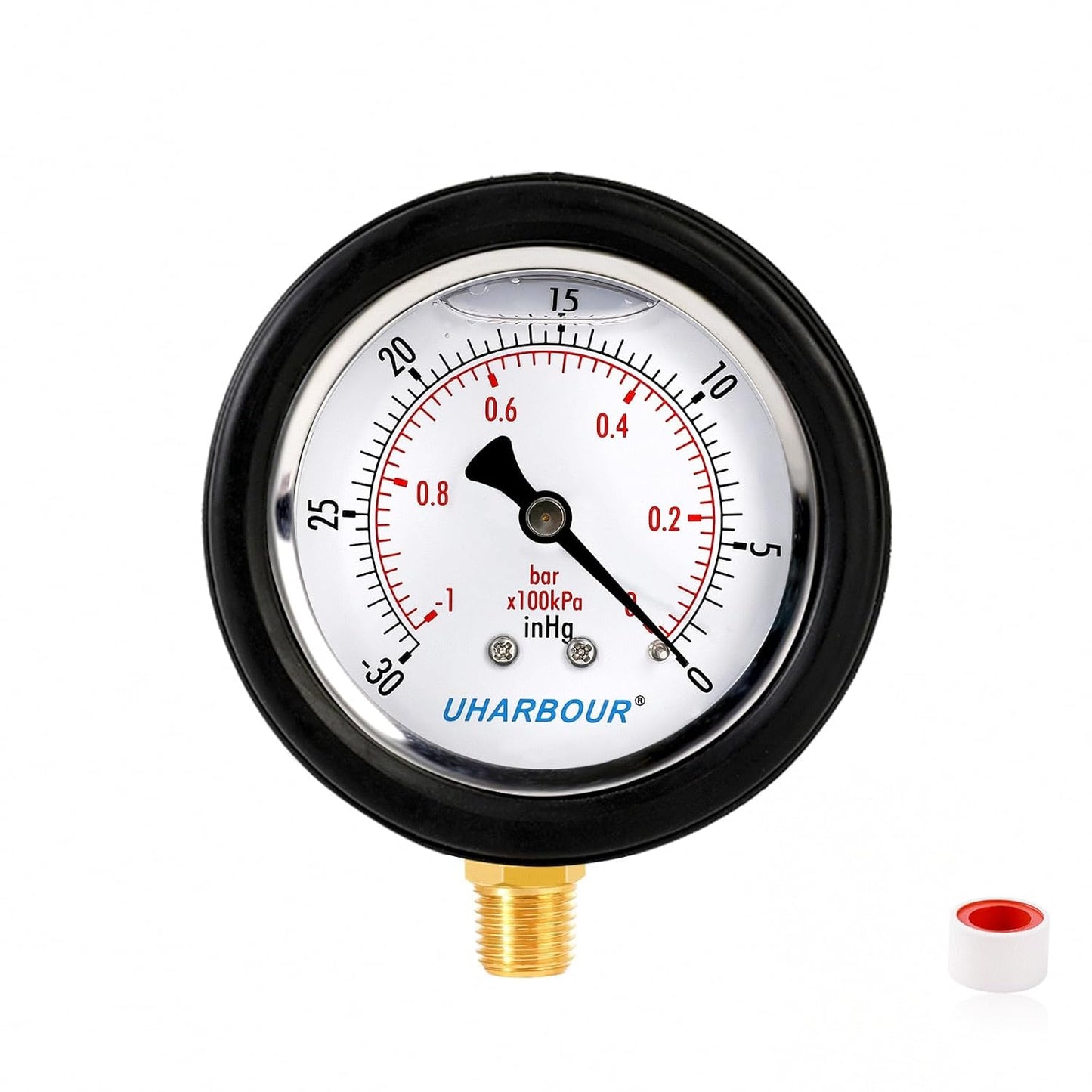 Pressure Vacuum Gauge 2-1/2" Dial Liquid Filled -30 inhg/30 PSI, Rubber Protective Case, 1/4" Brass Lower Mount, Including 1/4" to 1/8" Thread Adapter and Teflon Tape