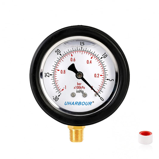 Pressure Vacuum Gauge 2-1/2" Dial Liquid Filled -30 inhg/30 PSI, Rubber Protective Case, 1/4" Brass Lower Mount, Including 1/4" to 1/8" Thread Adapter and Teflon Tape