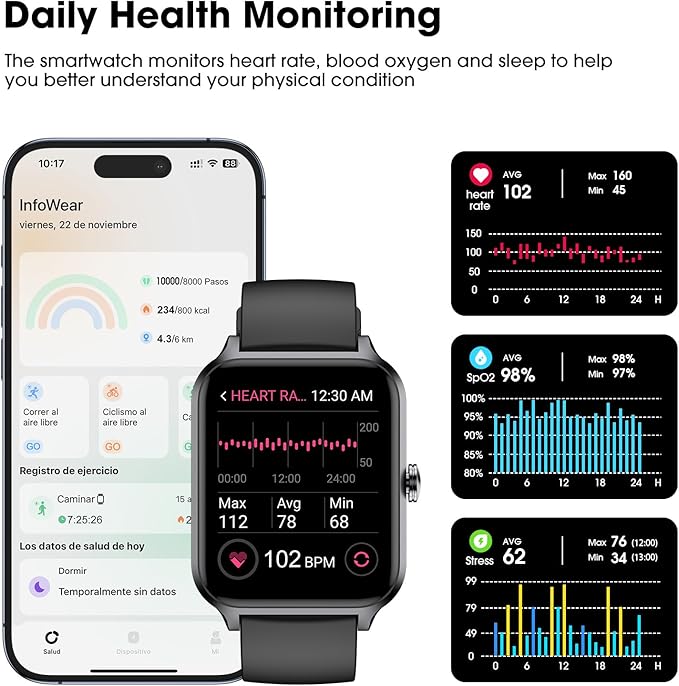 Smart Watch(Answer/Make Call), 1.69" Fitness Tracker with Heart Rate Blood Oxygen Monitor, Sleep Monitor Health Tracker, 100+ Sports Modes, Step Counter, IP68 Waterproof Fitness Watch for Android iOS
