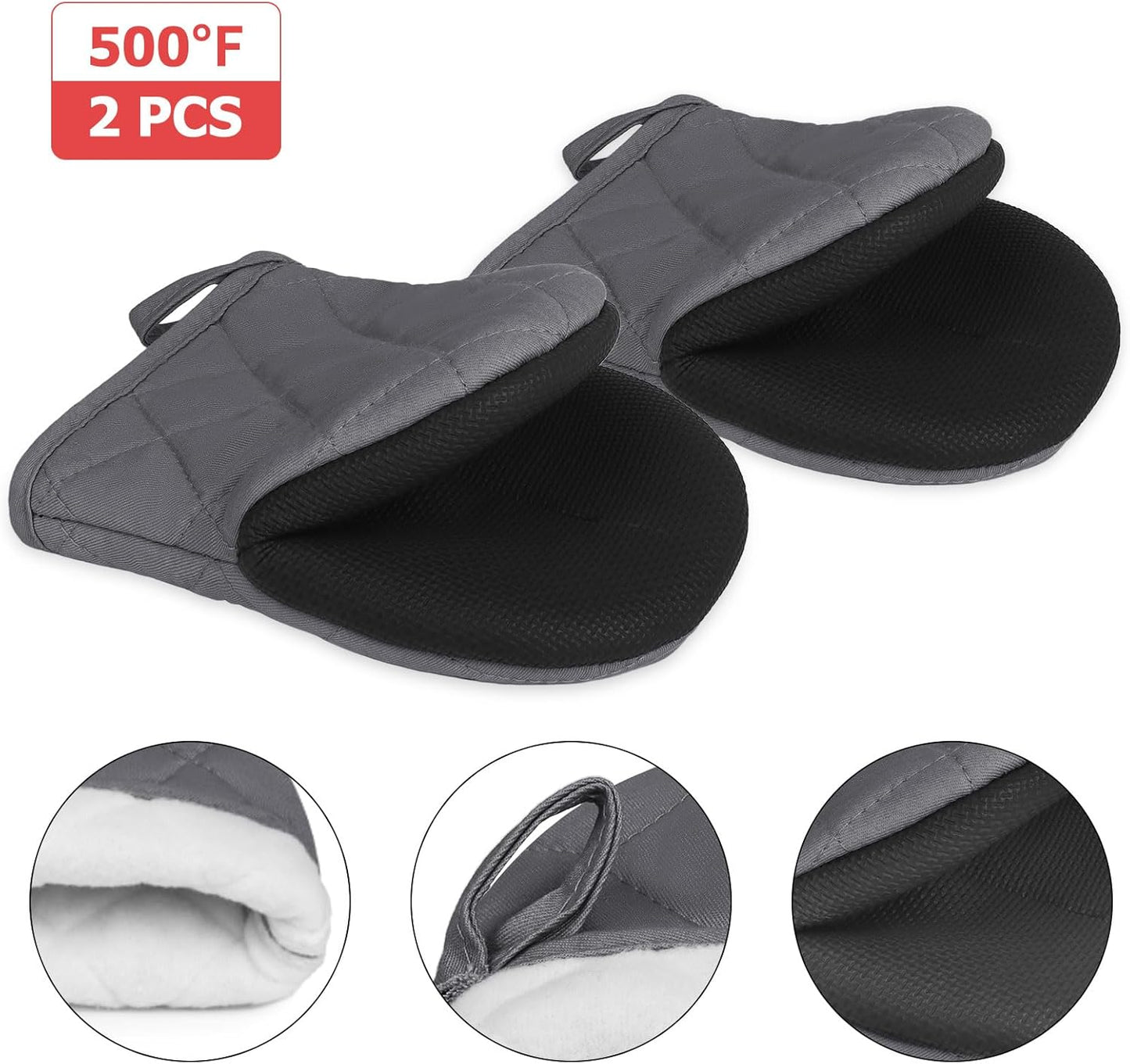 1 Pair Short Oven Mitts, Heat Resistant Silicone Kitchen Mini Oven Mitts for 500 Degrees, Non-Slip Grip Surfaces and Hanging Loop Gloves, Baking Grilling Barbecue Microwave Machine Washable