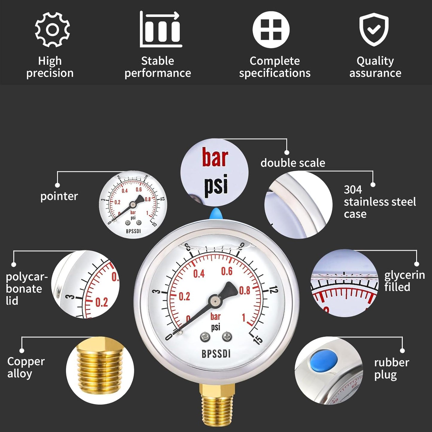 0-15 Psi Glycerin Liquid Filled Low Pressure Gauge, 2.5" Dial Size, 1/4" NPT Lower Mount, 304 Stainless Steel Case, for Water Pipe, HVAC, Water Oil Air Pressure Test