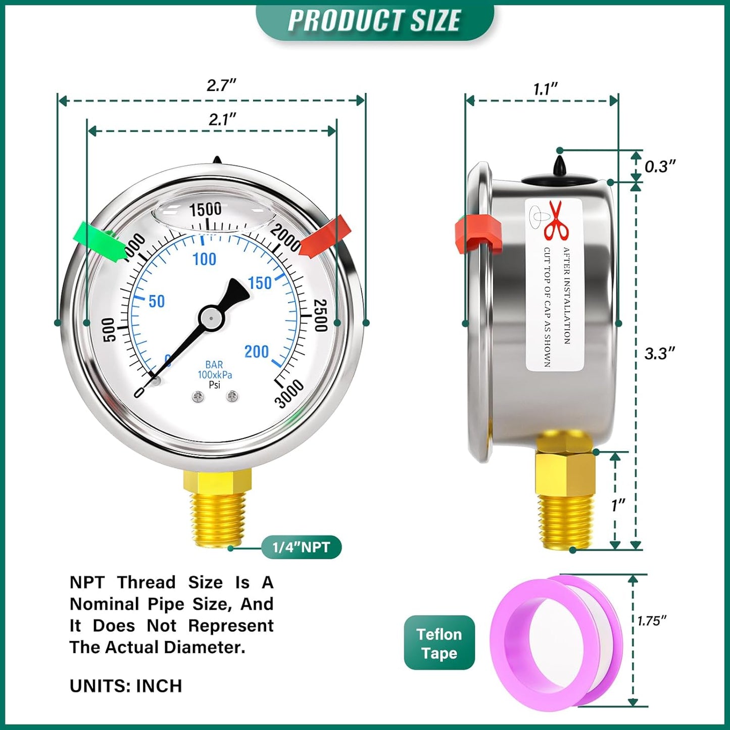0-3000psi Stainless Steel 1/4" NPT 2.5" Dial, Glycerin Liquid Filled Pressure Gauge Lower Mount Designed for Pressure Testing of Water, Oil and Air (with Range Mark Pointer)