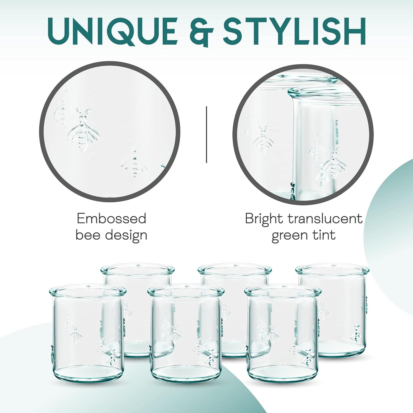 Amici Home Regina DOF Glass | 12 Oz | Italian Made, Recycled Green Glass | Drinking Glass with Embossed Bee Design for Water, Juice, Iced Tea, Cocktails (Set of 6)
