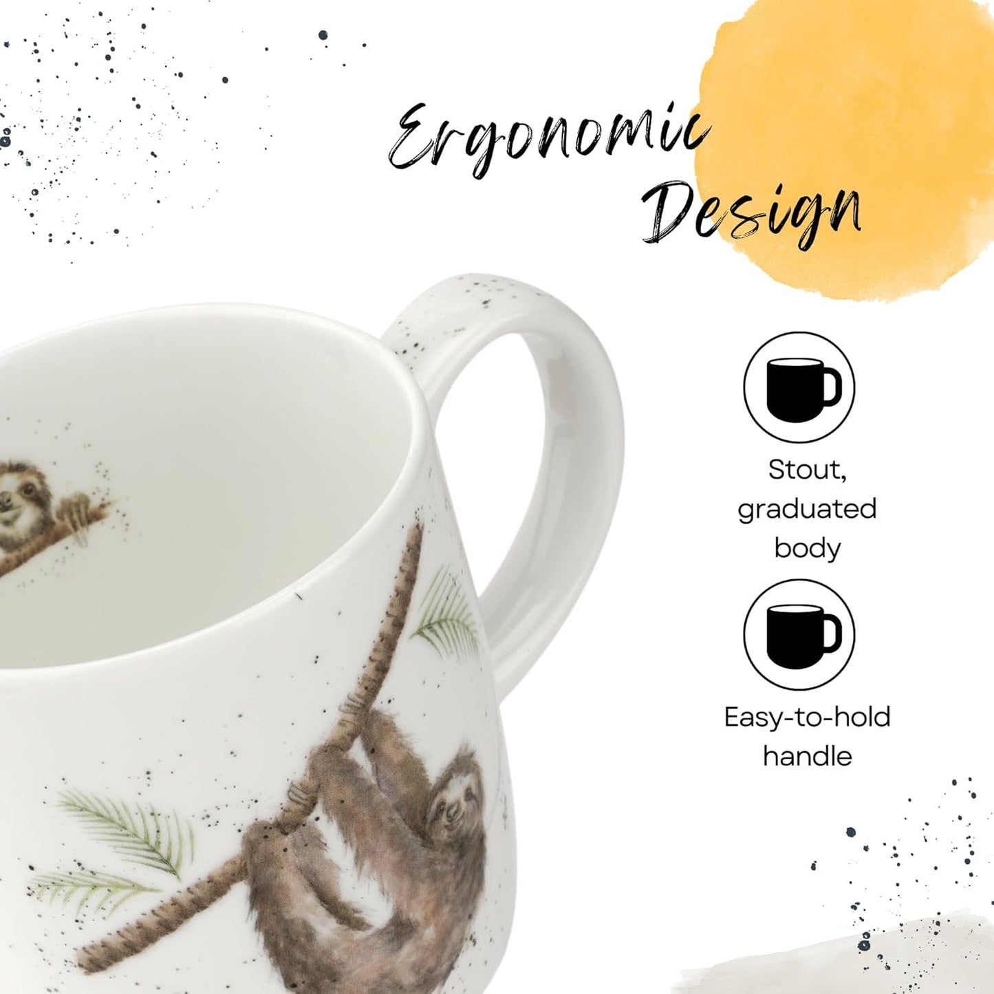 Royal Worcester Wrendale Designs Farmhouse Style Mug, Hanging Around - 14 oz Fine Bone China Mug with Sloth Illustration for Cozy Kitchen Vibes - Floral Drinkware for Daily Comfort