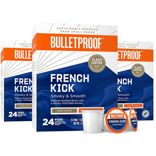Bulletproof French Kick Dark Roast Single Serve Pods, 72 Count, 100% Arabica Coffee, Clean Coffee Tested for Toxins, Packaging May Vary