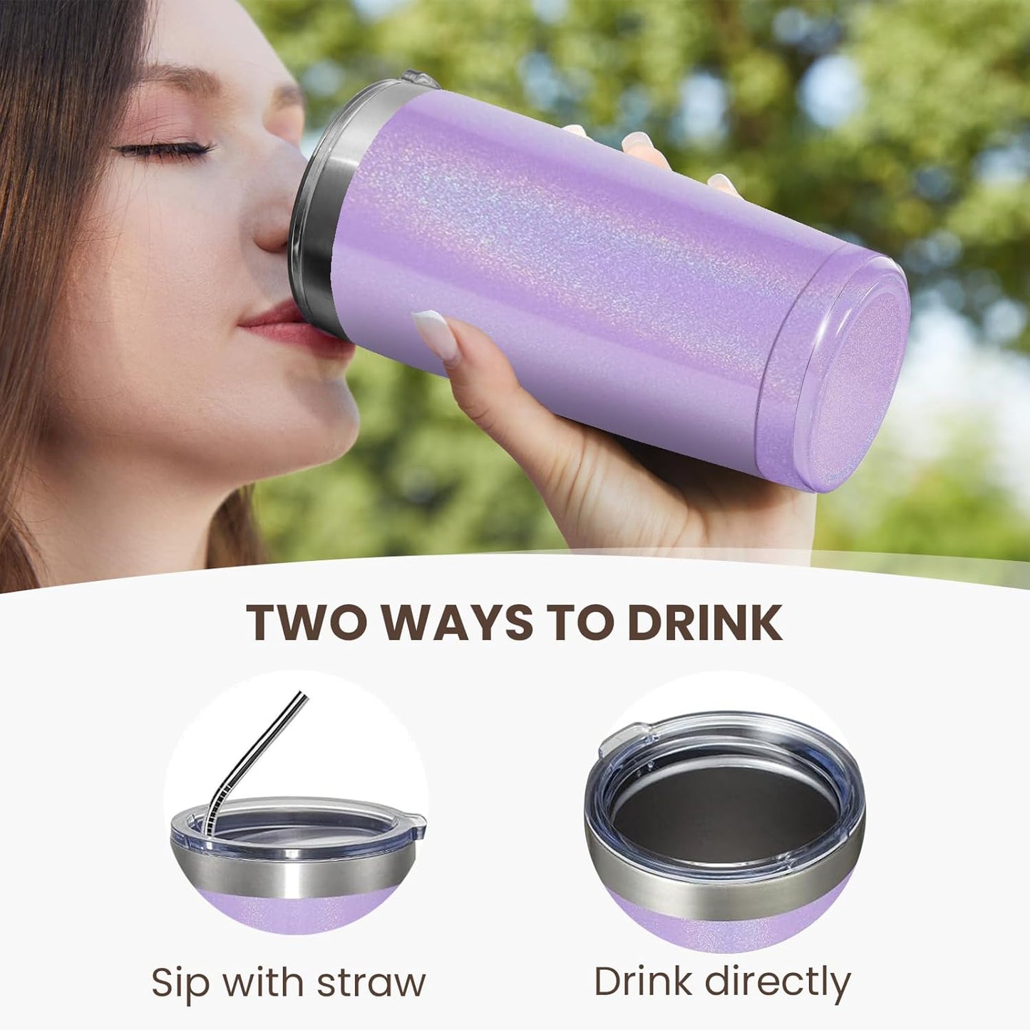 MEWAY 20oz Tumbler 2 Pack Double Wall Vacuum Insulated Travel Glitter Mug Bulk, Stainless Steel Tumblers with Lid and Straw, Powder Coated Coffee Cups for Woman(Rainbow Purple,Set of 2)