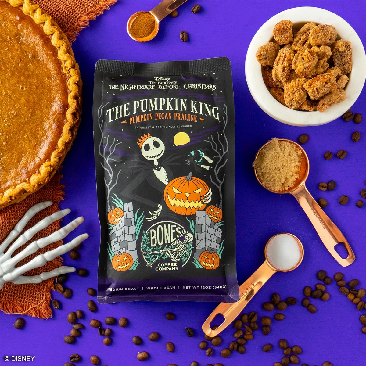 Bones Coffee Company The Nightmare Before Christmas Pumpkin King Flavored Coffee Beans, Whole Bean Coffee Medium Roast Low Acid, Pumpkin Pecan Praline Flavor (12 oz)