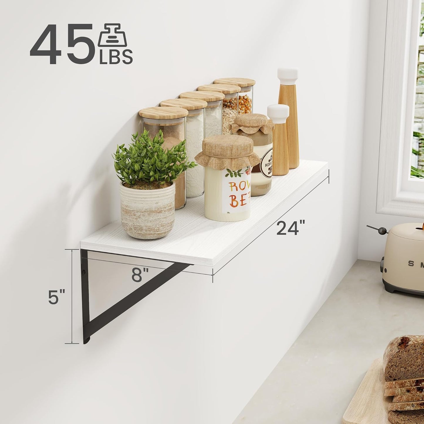 Heimlove White Deep Floating Shelves for Wall, 24W x 8D Wood Wall Shelves Set of 2, Wide Floating Bookshelf for Living Room, Kitchen, Office, Bedroom and Decor Storage, with Black Bracket - White