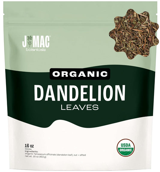 J Mac Botanicals, Organic Dandelion Leaves (16 oz bag) USDA Certified Organic Dandelion leaf tea, te diente de leon organico, Packaged in the USA, Cut and Sifted, No Caffeine, Fresh dried dandelion