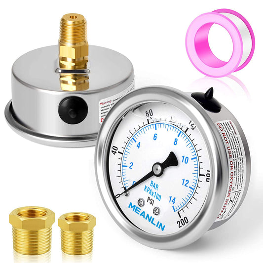 MEANLIN MEASURE 0~200Psi Stainless Steel 1/4" NPT 2.5" FACE DIAL Liquid Filled Pressure Gauge WOG Water Oil Air Center Back Mount, with 1/2" NPT and 3/8" NPT Hex Bushing