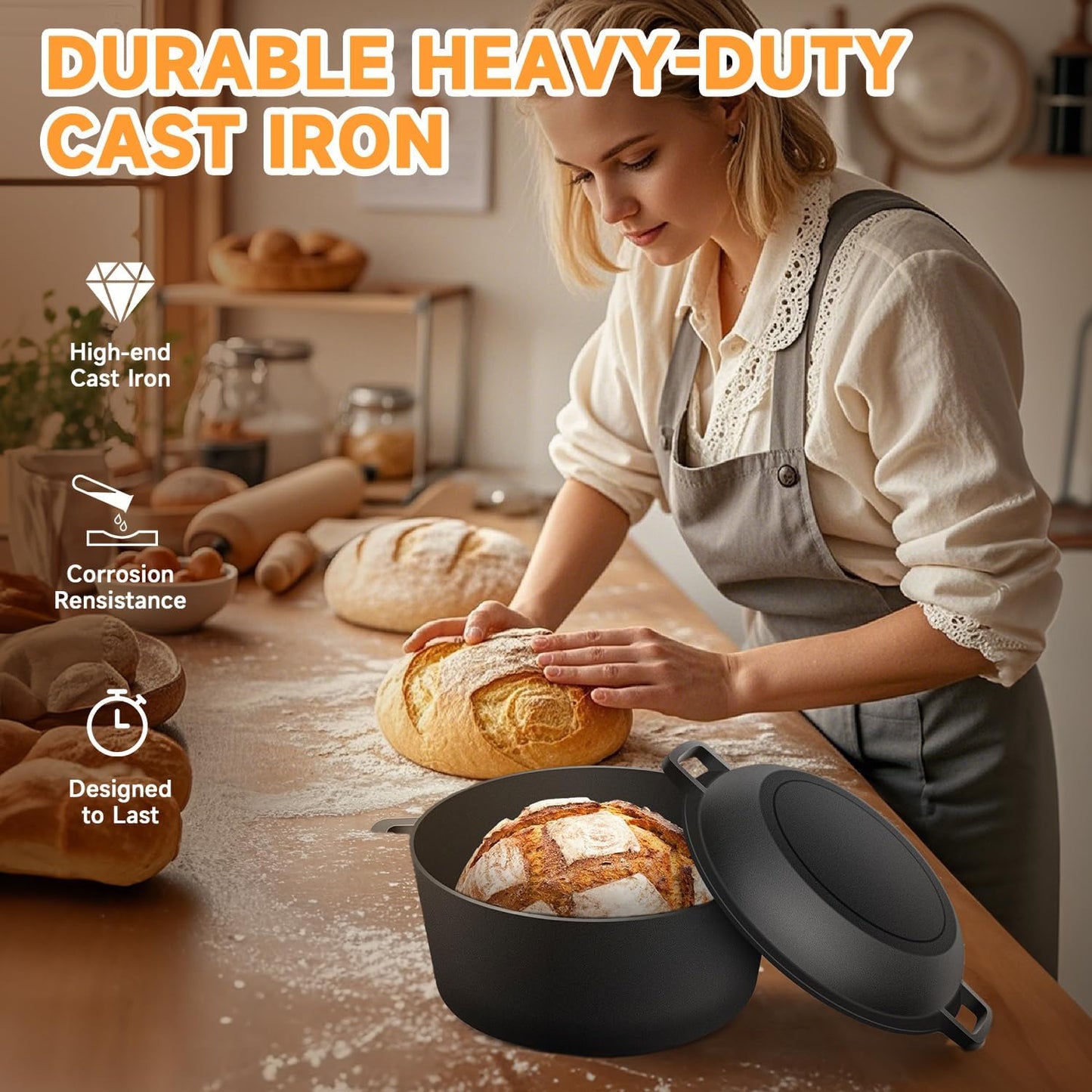 Cast Iron Dutch Oven Bread Baking Kit - 10-Piece Set with Banneton Basket, Dough Scraper, pizza shovel，Bread Lame, Whisk, Brush, and Silicone Grips with Skillet Lid Cooking Pan Handles Lame, 5QT