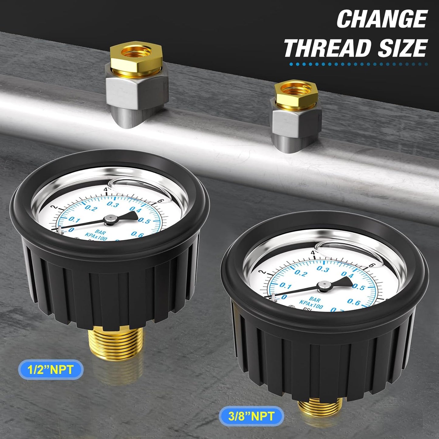 MEANLIN MEASURE 0~10Psi Stainless Steel 1/4" NPT 2.5" FACE DIAL Liquid Filled Pressure Gauge, Center Back Mount (with Rubber Protective Sleeve), with 1/2" NPT and 3/8" NPT Hex Bushing