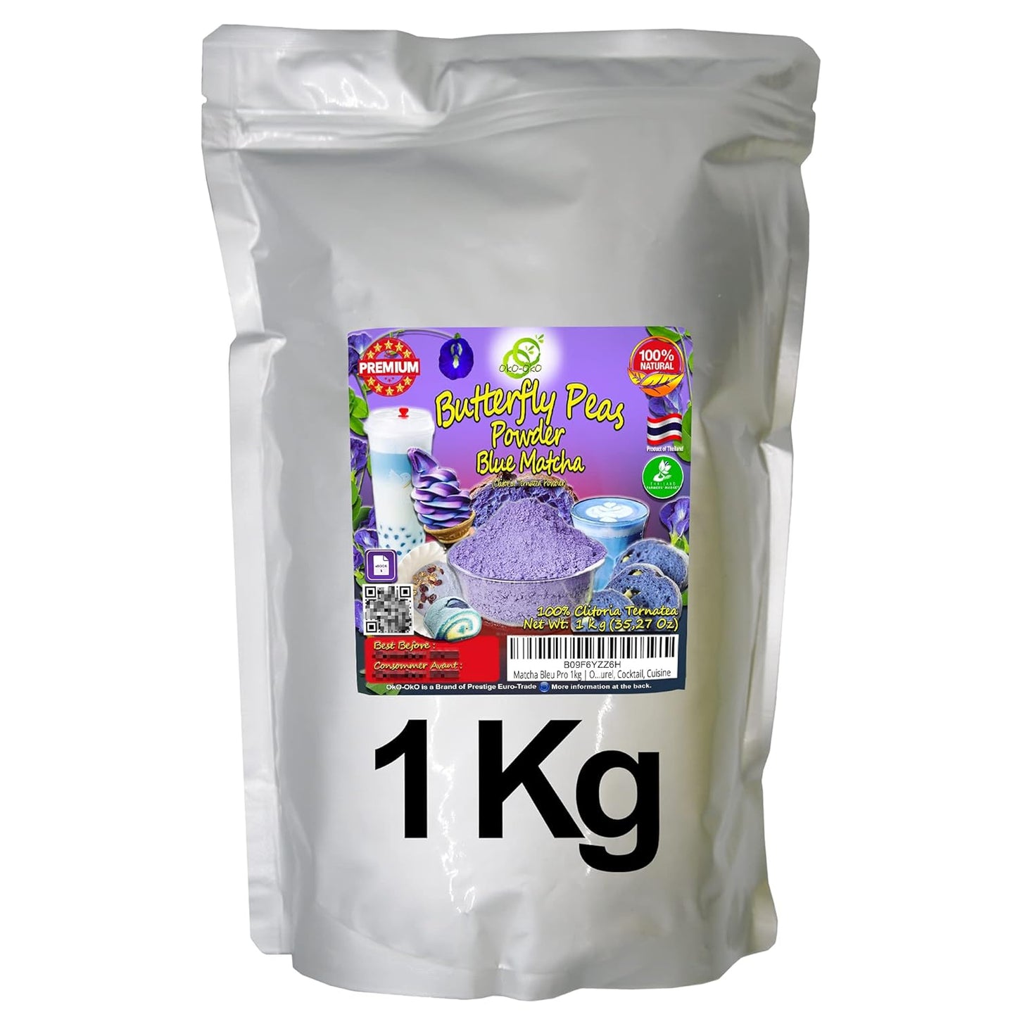 Blue Matcha Butterfly Pea Powder 35.2 Oz or 1 Kg | OkO-OkO - Premium - 100% Natural from flowers of Ternatea Thailand No additives - infusion, Blue Herbal tea, Organic Vegan food coloring, cocktail, meal, baking