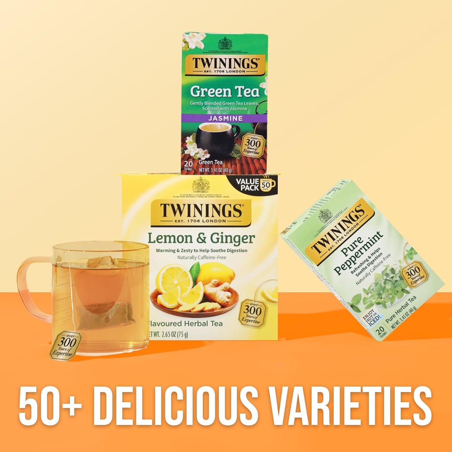 Twinings Lemon & Ginger Herbal Tea Individually Wrapped Bags, 50 Count (Pack of 6), Tangy Lemon & Spicy Ginger, Naturally Caffeine-Free, Enjoy Hot or Iced, 300 Teabags