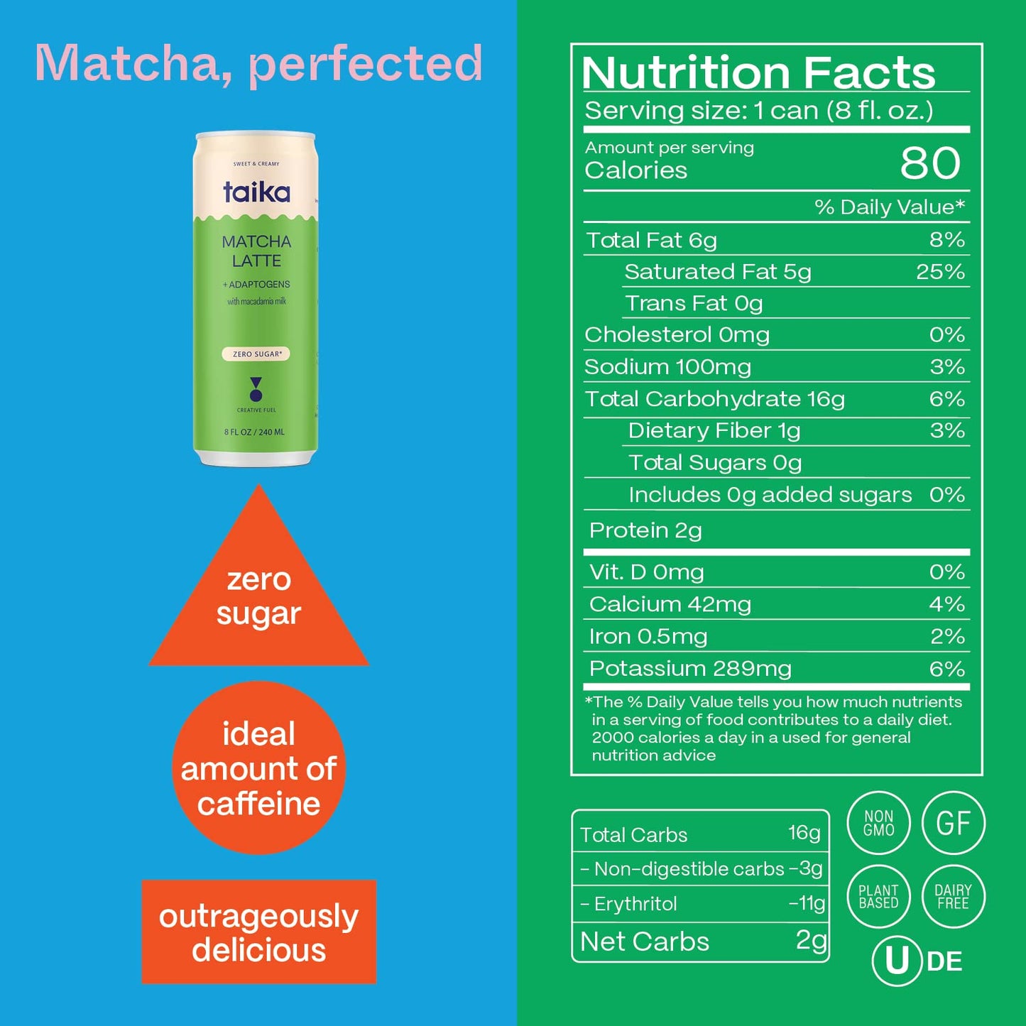 Taika Matcha Latte Iced Matcha Latte, Organic Ceremonial Grade Matcha w/Ashwagandha, 8 Fl Oz (Pack of 12))