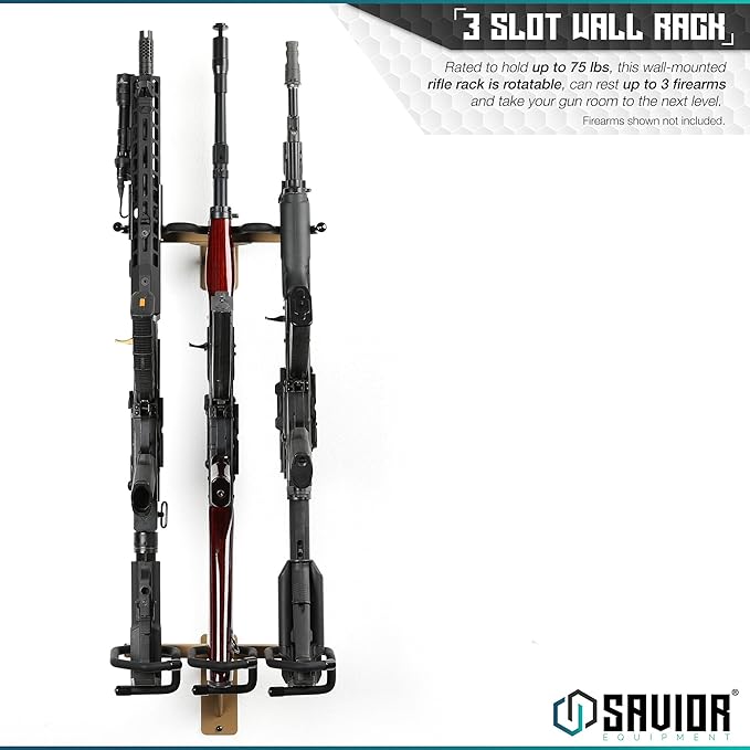 Savior Equipment Wall-Mount Rifle Rack Tactical Shotgun Carbine Firearm Free-Standing Gun Display Indoor Storage Rack - Heavy Duty Steel, Wide Angle Adjustment, 3-Slot Holds up to 75 Lbs