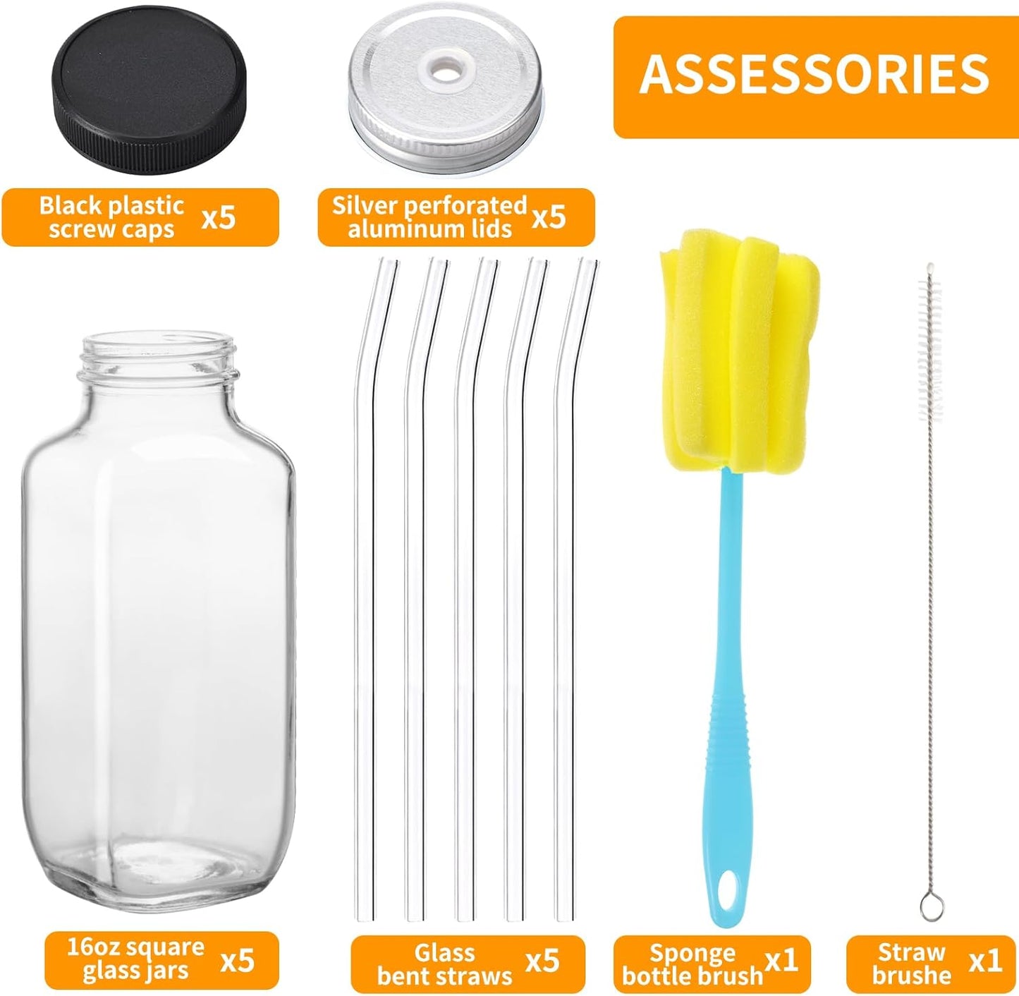 CUCUMI 5pcs 16oz Glass Juice Bottles with Lids, Reusable Juice Containers Drinking Jars Water Cups with Brush, Glass Straws, Lids with Hole