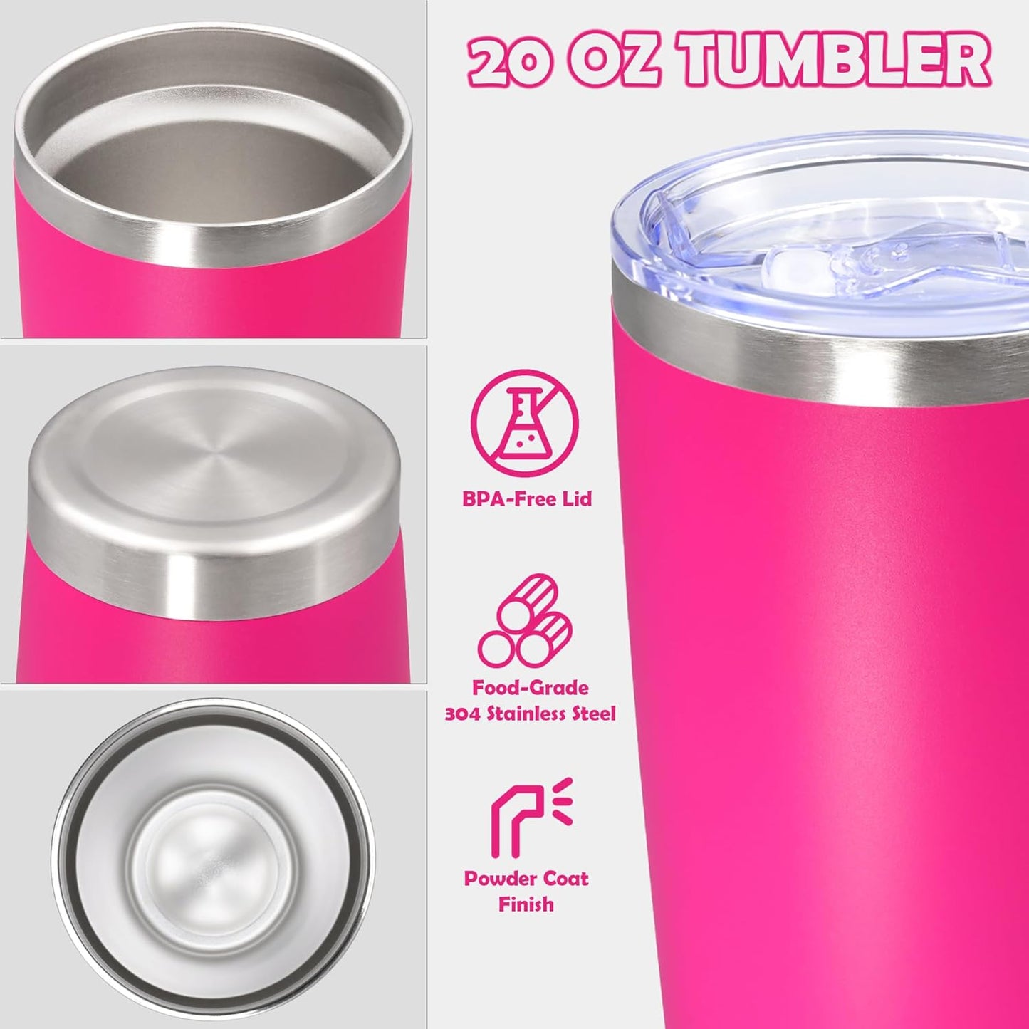 20oz Tumbler Stainless Steel Tumbler Cup with Lid Vacuum Insulated Double Wall Travel Mug, Durable Powder Coated Travel Coffee Tumbler Mug for Hot & Cold Drinks, Hot Pink,4 Pack