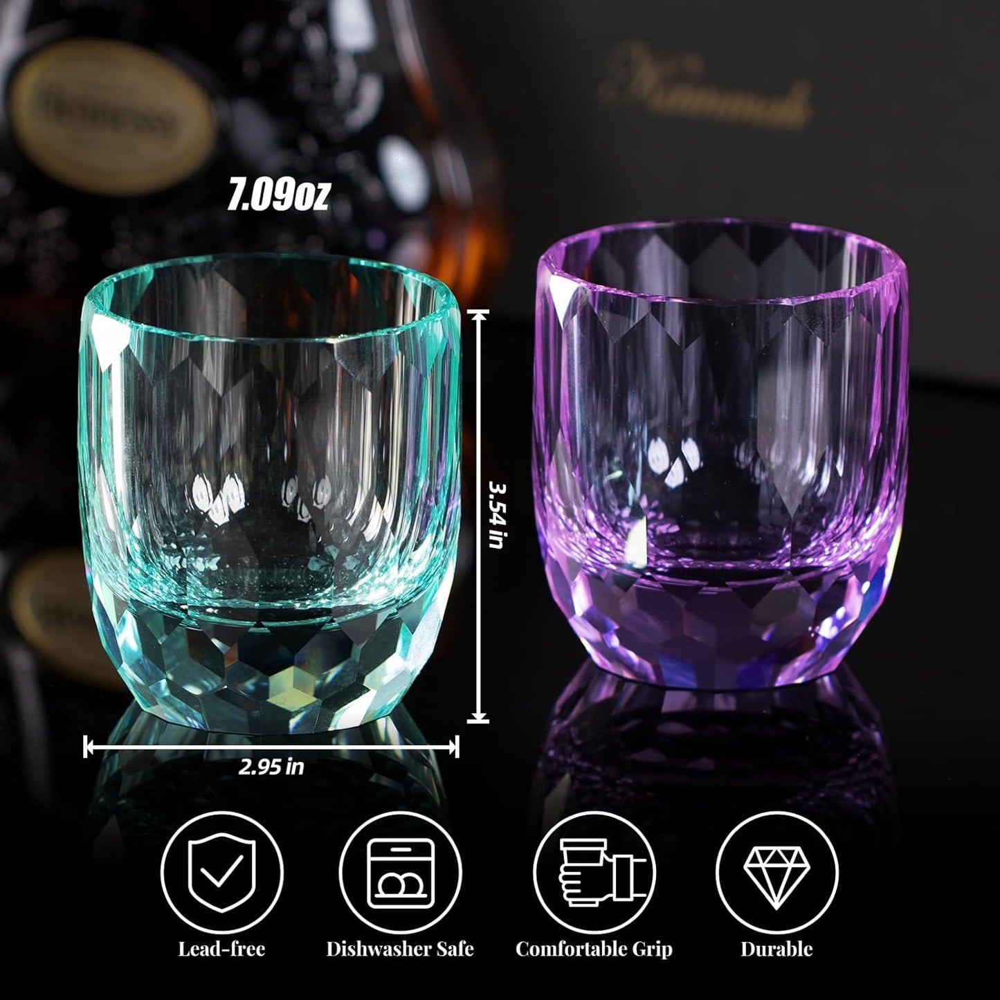 KAMMAK Crystal Whiskey Glasses Set of 2, 7oz Old Fashioned Glasses Stemless, Hand Blown Colored Cocktail Glasses, Engagement Gifts for Couples, Women, Men