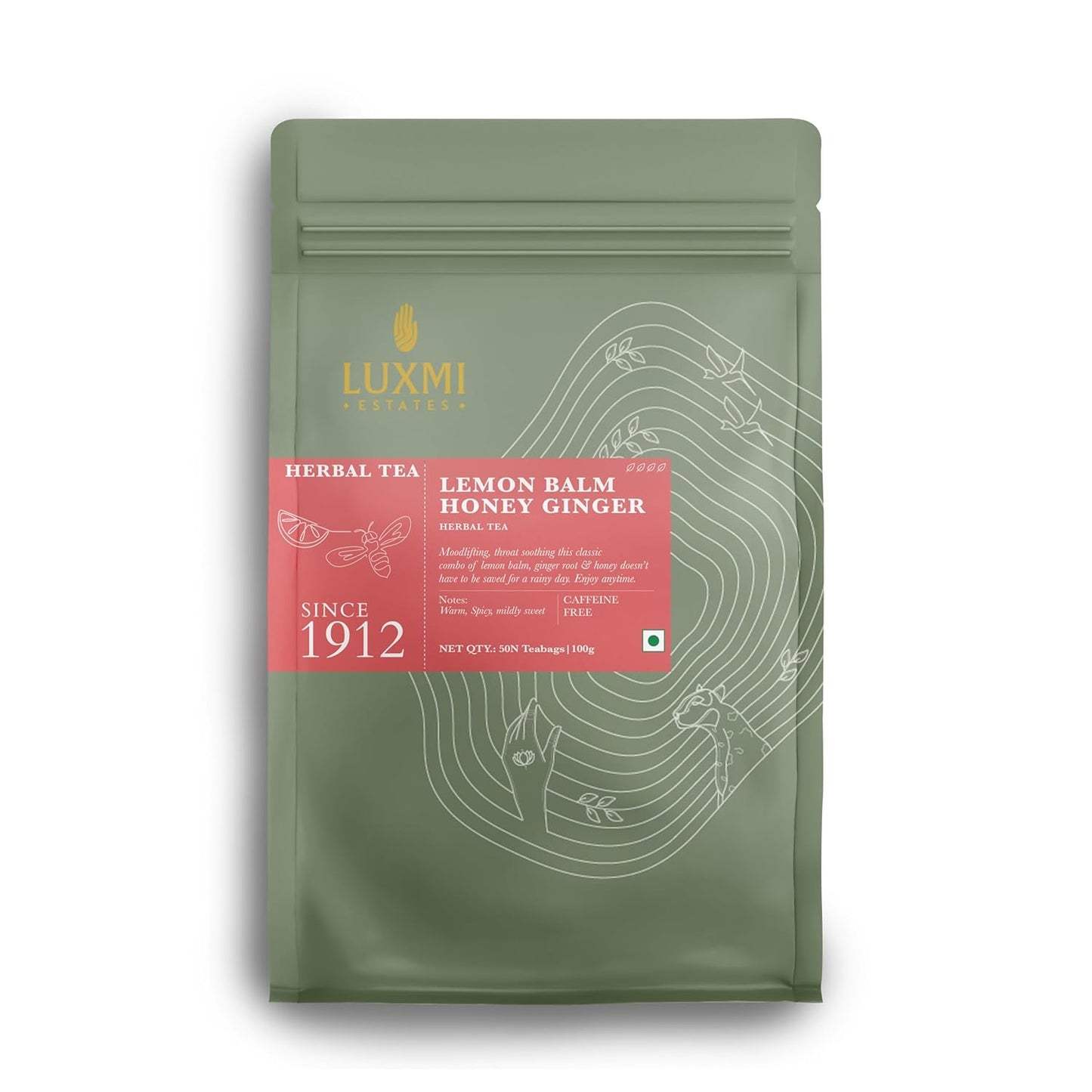 Luxmi Estates Lemon Balm Honey Ginger Loose Leaf Tea, 50 Tea Bags, Organic Herbal Tea, Caffeine Free Tea Bags for Relaxing, Calming, and Stress Relief, With Certified Organic Lemon Balm Tea