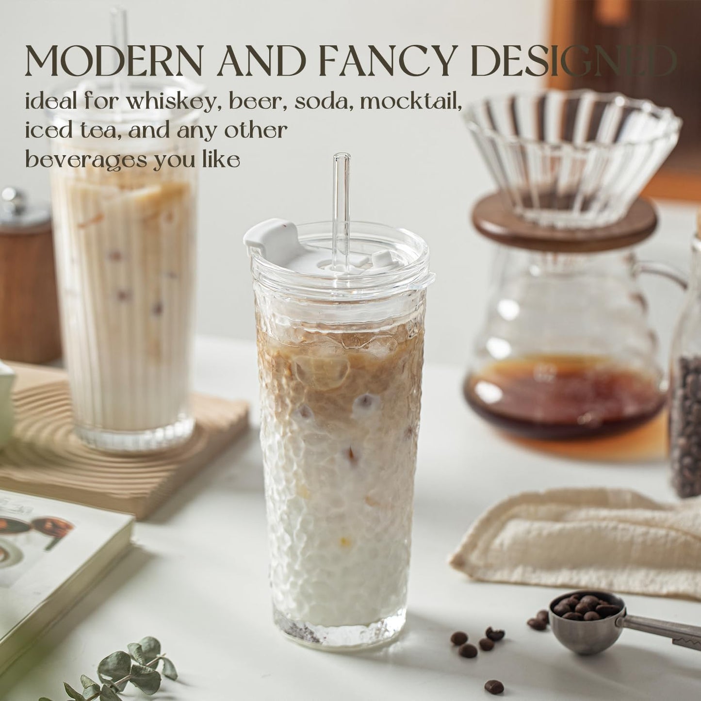 KEMORELA Glass Tumblers with Lids and Straws – Set of 2, 18oz Premium Quality Drinking Glasses, Ideal for Juices, Cocktails, and Everyday Use