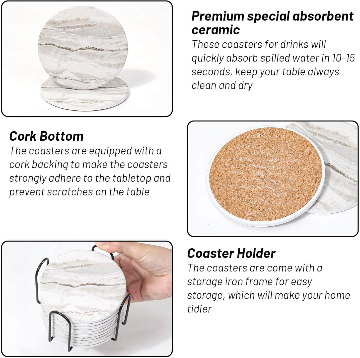 Caffox Coasters Set of 10, Absorbent Drink Coasters with Holder, Marble Style Ceramic Coaster for Wooden Table, Home Decor, 4 Inches(Griege)