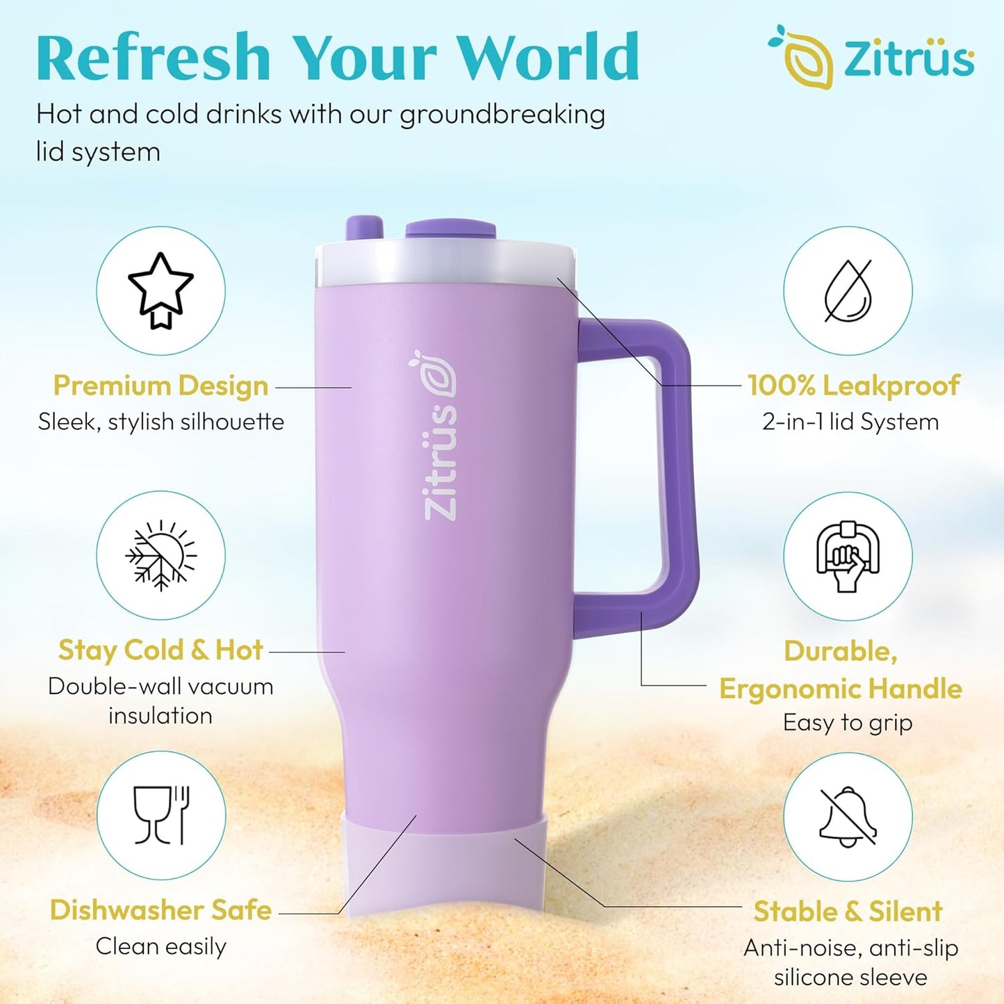 40 oz Tumbler with Handle and Straw | Leak Proof Insulated Stainless Steel Water Bottle Travel Mug Fits in Cup Holder | Keeps Cold Hot | Gifts for Women Men Him Her (Violet, 40 oz)