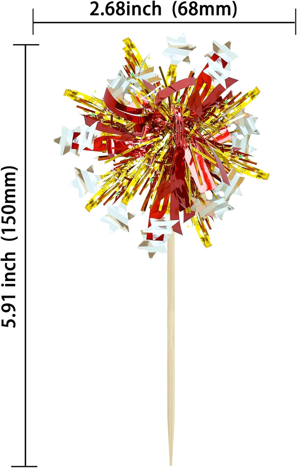 Ephlyn 30Pcs Foil Firework Cupcake Toppers Sparkle Tinsel Cupcake Picks Happy Birthday Cake Decorations Drink Stirrers Cocktail Food Fruit Toothpicks for Baby Shower Graduation Party Supplies Gold Red