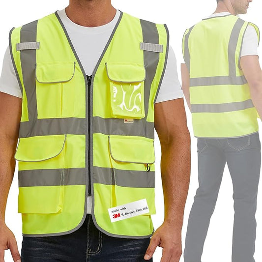 SIFE Reflective Safety Vest High Visibility Vest With 7 Pockets And YKK Zipper, ANSI/ISEA Class 2 Standard, Made With 3M Reflective Tape(03Y-Yellow,L)