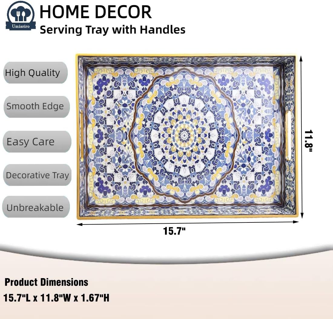 Blue Decorative Tray, Serving Tray with Handles, Plastic Large Tray for Coffee Table, Living Room, Decor, 15.7”*11.8”*1.6"