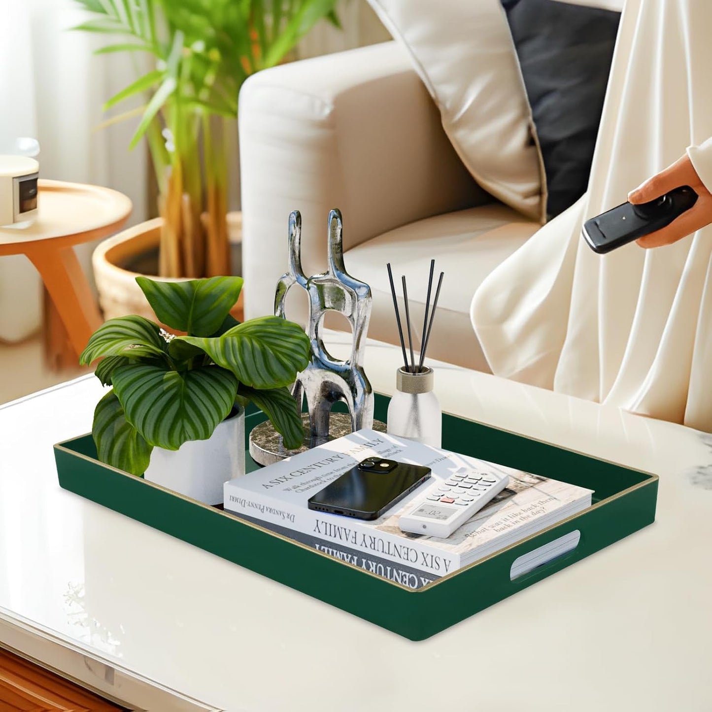 MAONAME Dark Green Decorative Tray, Serving Tray with Handles, Plastic Trays for Coffee Table, Rectangular Trays for Living Room, Bedroom, 15.8" X 10.2" X 1.4"