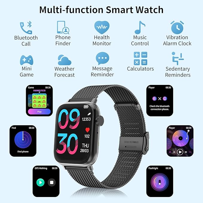 Smart Watch for Man Women Answer/Make Call, Fitness Watch with 120+ Sport Modes, IP67 Waterproof, Heart Rate/Sleep Tracker/Step Tracker/Blood Pressure Health Watch for Android iOS Phone (Black)