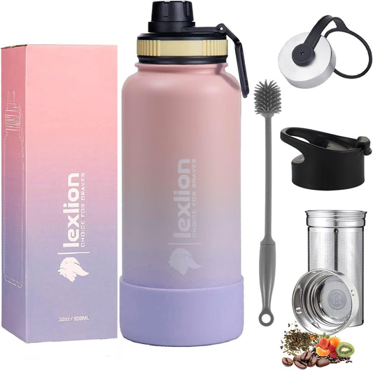 Lexlion Tea Infuser Bottle - Fruit Infuser Water Bottle 32 Oz, Triple Walled Insulated Stainless Steel, Thermal Leaf Infusion, Silicone Sleeve, 3 Lids Leakproof, Metal Mug Gallon