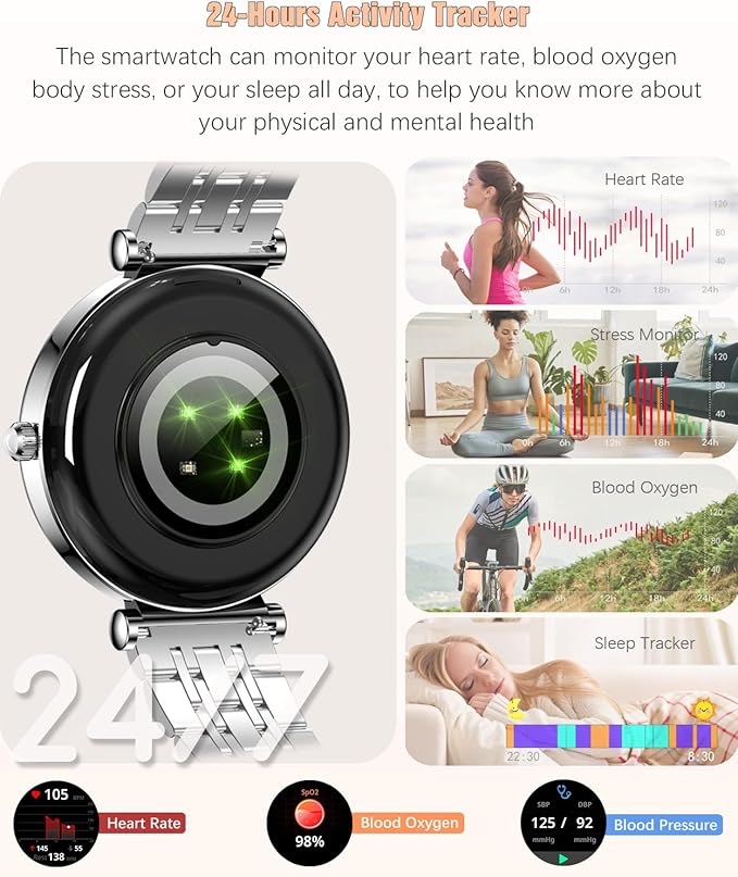 Smart Watch for Women 1.27" Color Screen Waterproof Fitness Activity Tracker Rose Gold Women's Smart Watch with Heart Rate Sleep Monitor for Android and iOS (Full Silver Steel RT-i109)