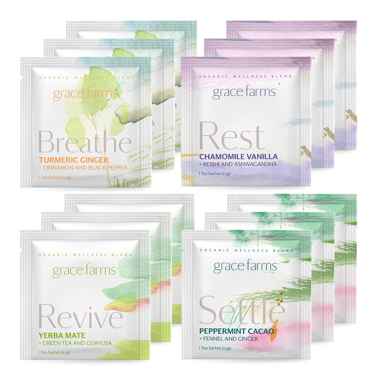 Grace Farms Wellness Organic Tea Blend Variety Box (12 Enveloped Sachets) | BREATHE, REST, REVIVE, and SETTLE | 3 Sachets of Each Tea With Adaptogens | Fairtrade & Kosher | Gives Back 100% of Profits