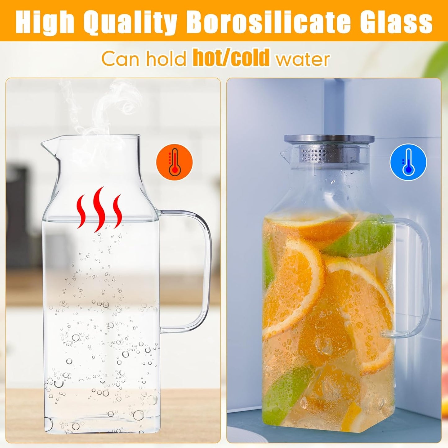Honeydak 2 Pack 2.5 Liters 85 oz Square Glass Pitcher with Lid and Handle, Glass Water Jars Carafe Jug for Hot/Cold Drinks, Tea, Beverages, Parties and Picnics