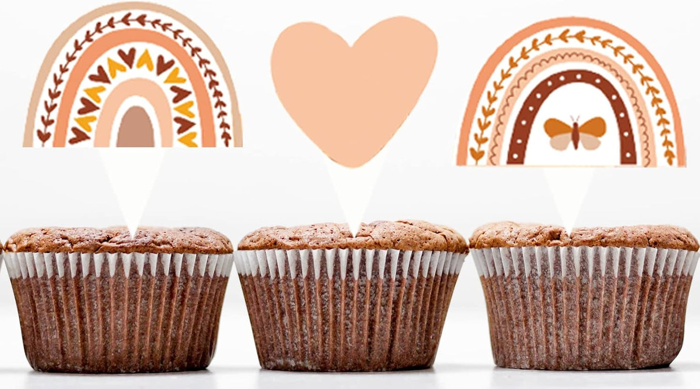 48 Pcs Boho Rainbow Party Cupcake Toppers for Boho Rainbow Birthday Party Decorations