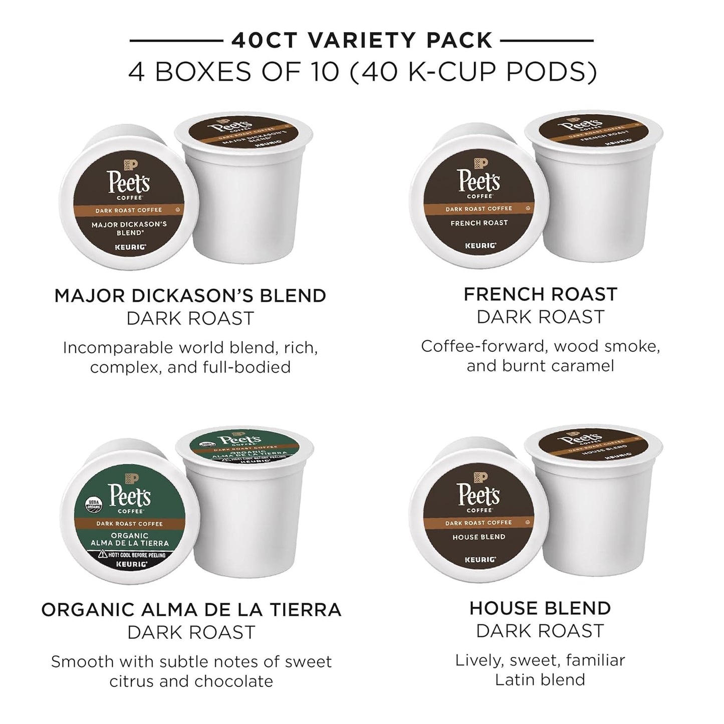 Peet's Coffee, Keurig K-Cup Pods Dark Roast Variety Pack - Major Dickason's Blend, French Roast, Organic Alma De La Tierra, House Blend, 40 Count (4 Boxes of 10 K-Cup Pods)