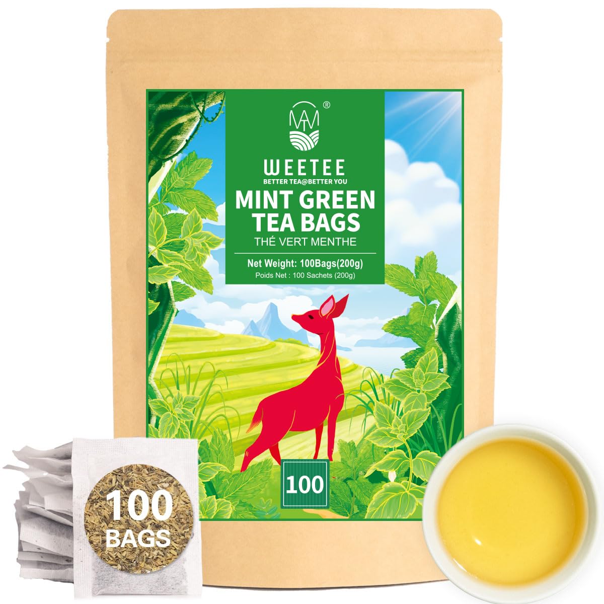 WT WEETEE Mint Green Tea Bags, 100 Count, Perfect blend of Green Tea, Peppermint, Spearmint, Lemongrass, Lemon Balm, Low Caffeine Mint Medley Herbal Tea