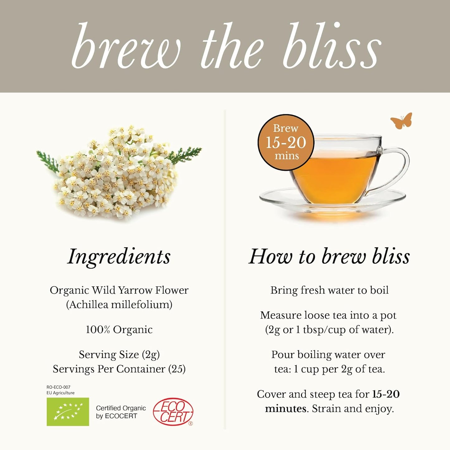 Wild Bliss Organic Yarrow Tea - Caffeine Free Loose Leaf Herbal Tea - Pharmacopoeia Potency - 1.76 Ounces - 25 Servings