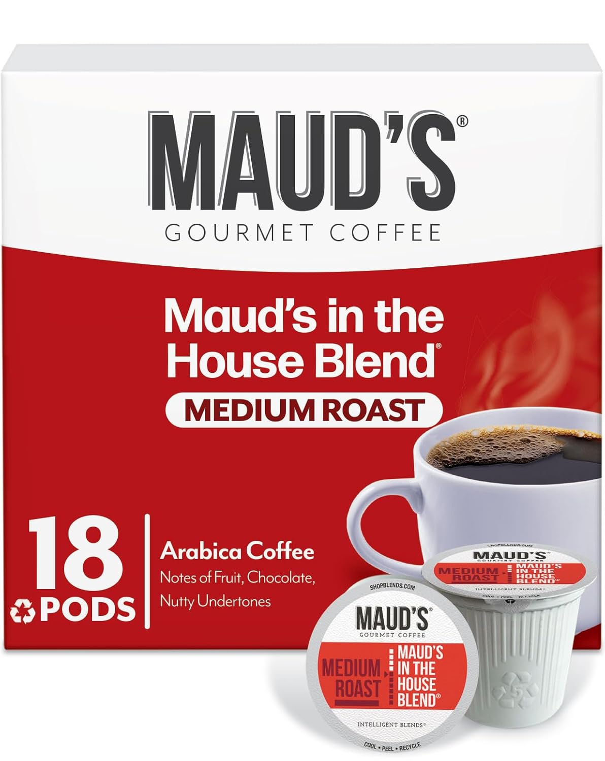 Maud's Medium Roast Coffee Pods, 18 ct, Recyclable Single Serve Pods – 100% Arabica Coffee, Compatible with Keurig K Cups Maker