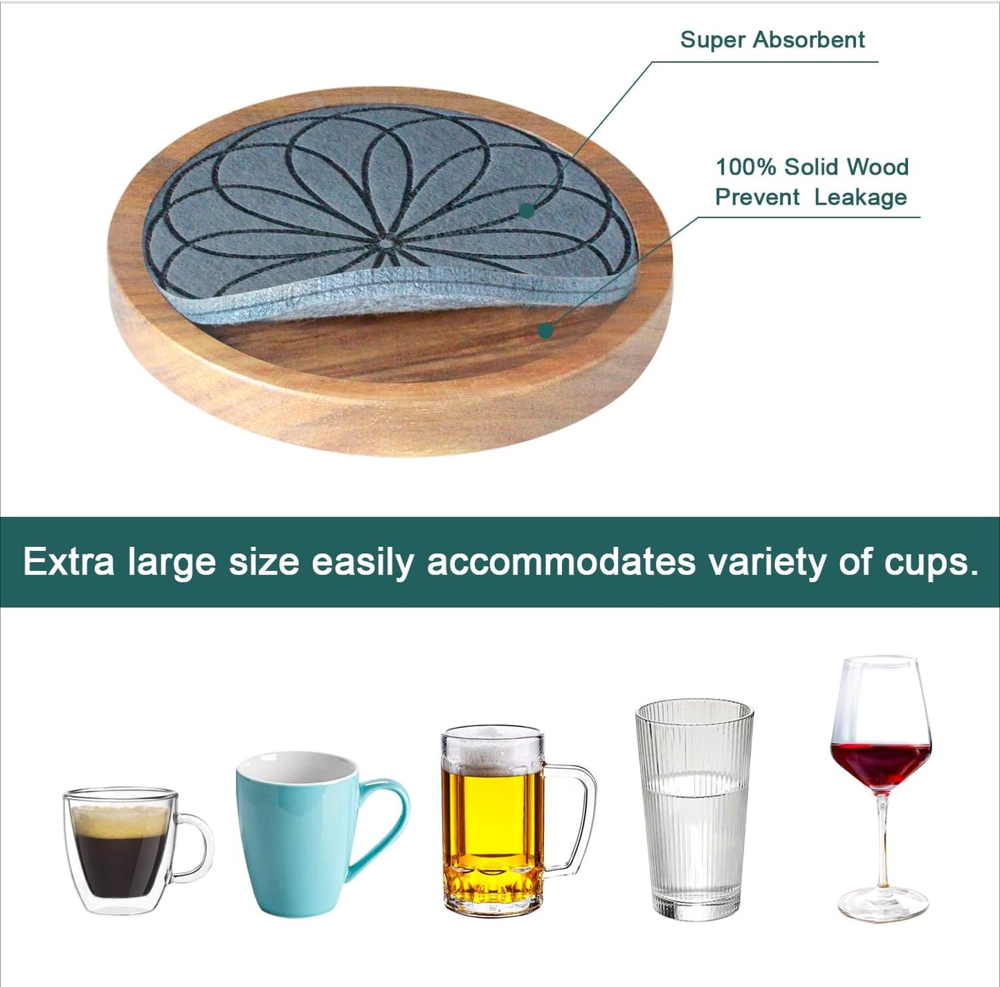 5 Pack Wood Coasters for Drinks, Minacun Absorbent Coaster Set, Drinks Coasters for Coffee Tabletop Protection, Non-Slip, Non-Stick, Suitable for Kinds of Cups Wooden Table Drink, 4.3 Inch Gray