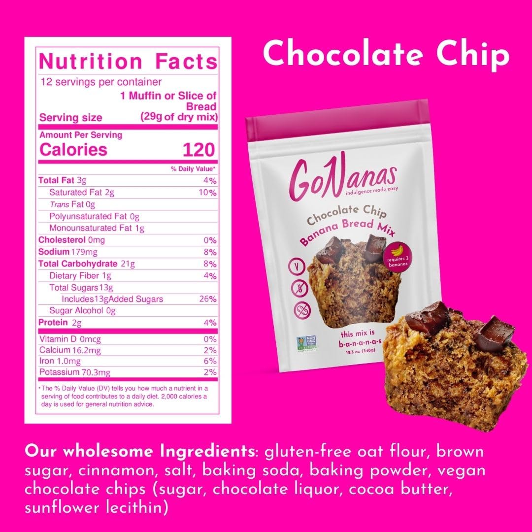 GoNanas Chocolate Chip Oat Flour Banana Bread Mix, Suitable for Plant Based Vegan Diets, Gluten Free Dairy Free Snacks, Healthy Snacks For Adults, Muffin Mix, Nut Free, Cupcakes Dessert, NON-GMO, 3pk