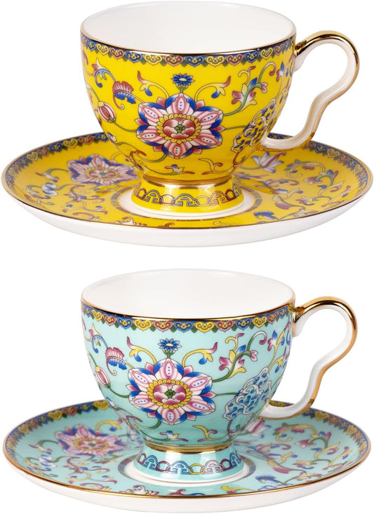 KAMMAK Tea Cups and Saucers Set of 2, Porcelain Coffee Cups with Saucer for Espresso, Cappuccino, 7.5oz Vintage Yellow and Blue Ceramic Demitasse Mug for Home, Tea Party, Office