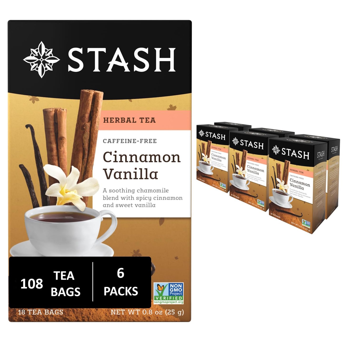 Stash Tea Cinnamon Vanilla Herbal Tea - Naturally Caffeine Free, Non-GMO Project Verified Premium Tea with No Artificial Ingredients, 18 Count (Pack of 6) - 108 Bags Total