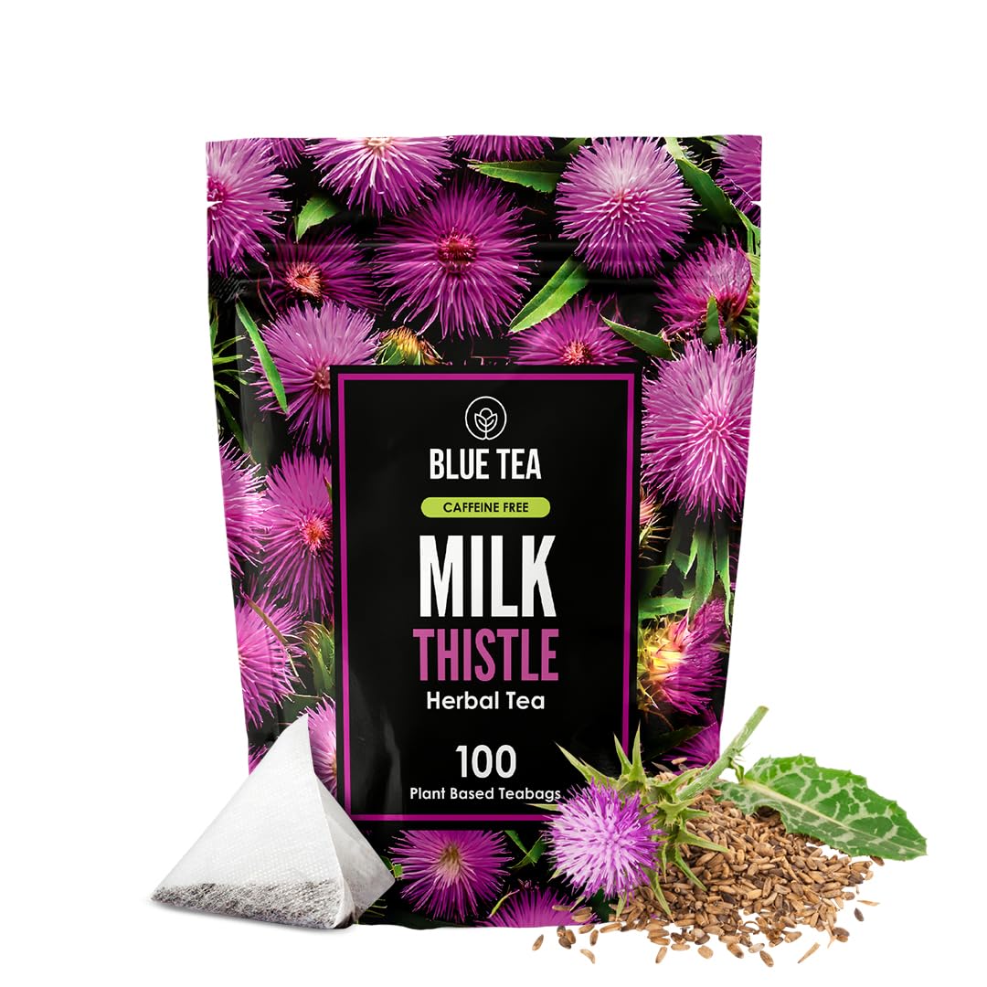 BLUE TEA - Milk Thistle Tea - 100 Count - Pyramid Plant Based Tea Bag | Liver Cleaning and Immune Support | Milk Thistle Seeds - Caffeine Free - Herbal Tea - Non Bitter | Zipper Pack