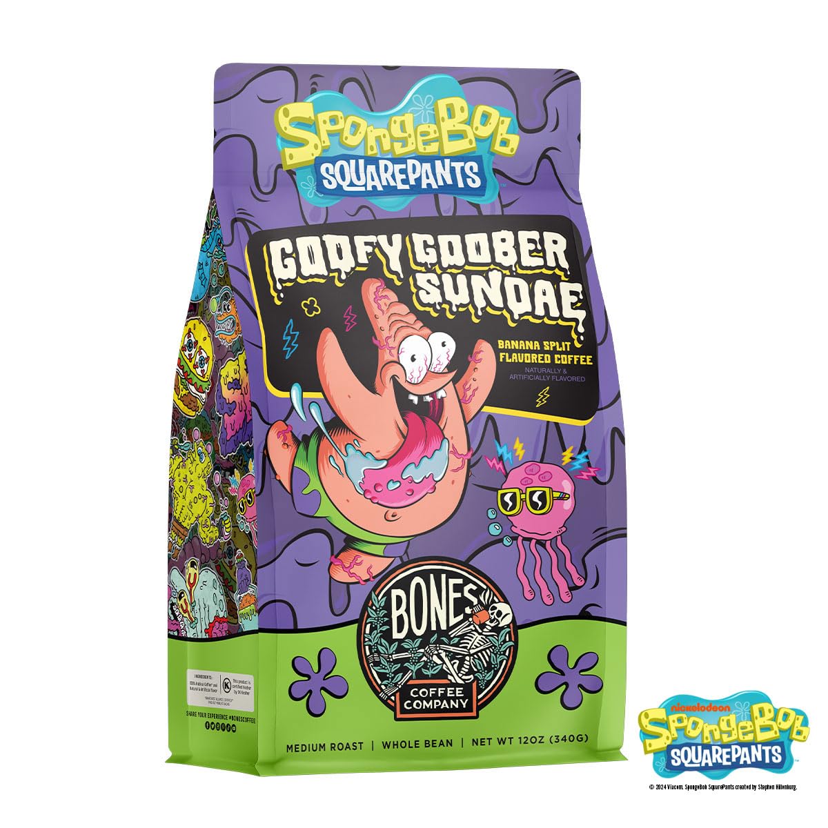 Bones Coffee Company Spongebob Goofy Goober Sundae, Banana Split Flavored Coffee, Medium Roast Low Acid Arabica Beans Compatible with Auto drip and French Press Coffee Maker, 12 Oz Ground
