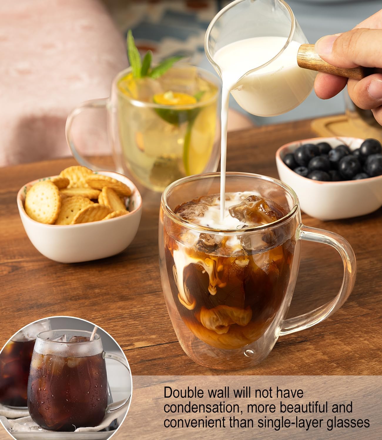 OJA Double Wall Glass Coffee Mugs 12.5oz, Hand Blown Clear Glass Coffee Cups Set of 2, Insulated Tea Mug, Perfect for Espresso, Cappuccino, Latte, American,Tea Bag, Beverage